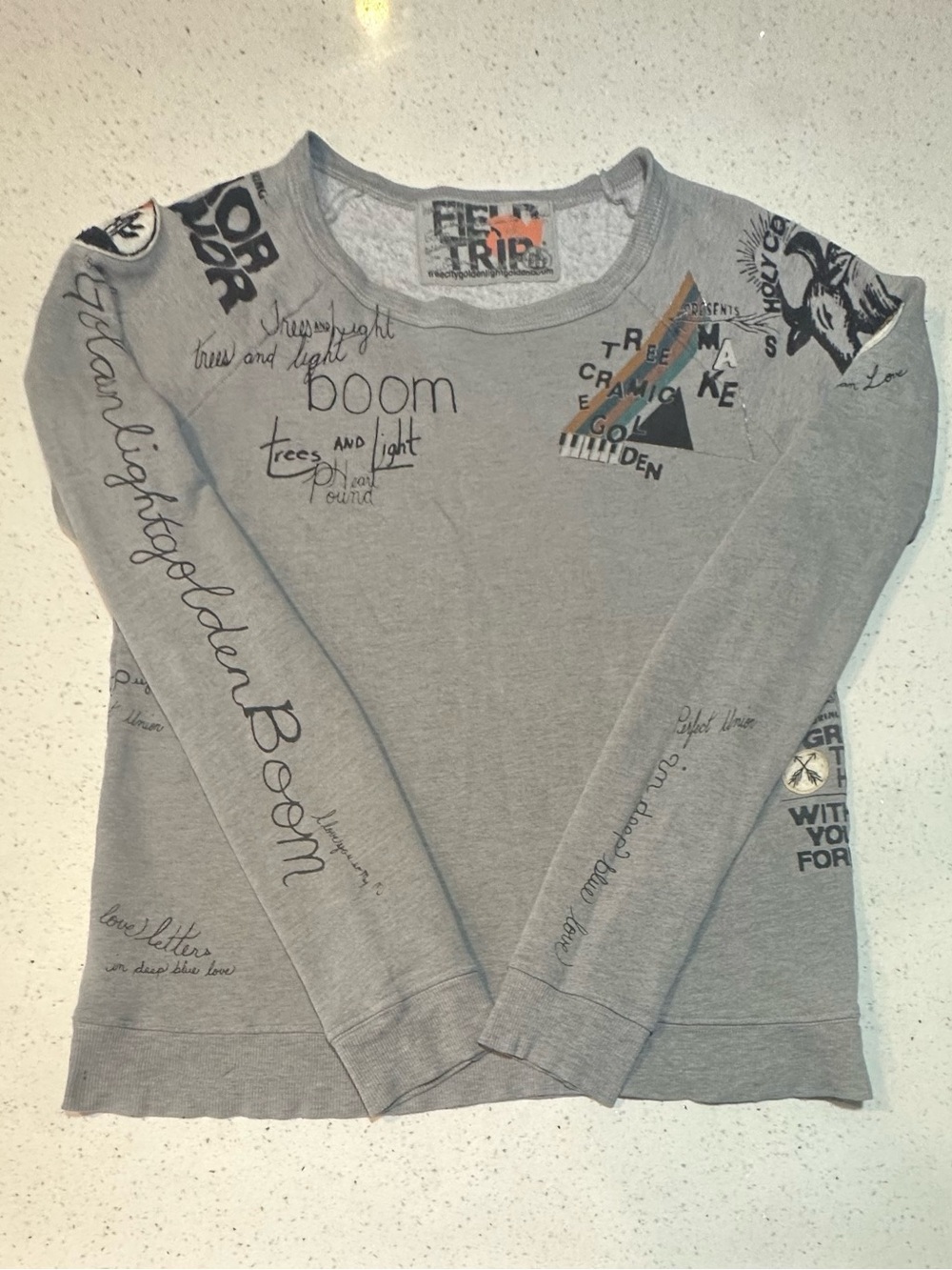 FREECITY RARE VINTAGE “FIELD TRIP” GRAPHIC SWEATSHIRT / HAND APPLIED PATCHES/ART
